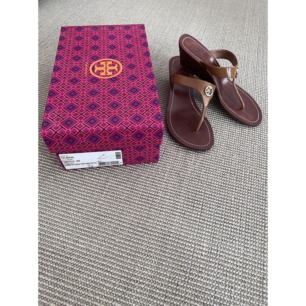 $328 Tory Burch Cameron Sandals Wedge Flip Flop Thong Slide Tan Brown Gold 7.5 M